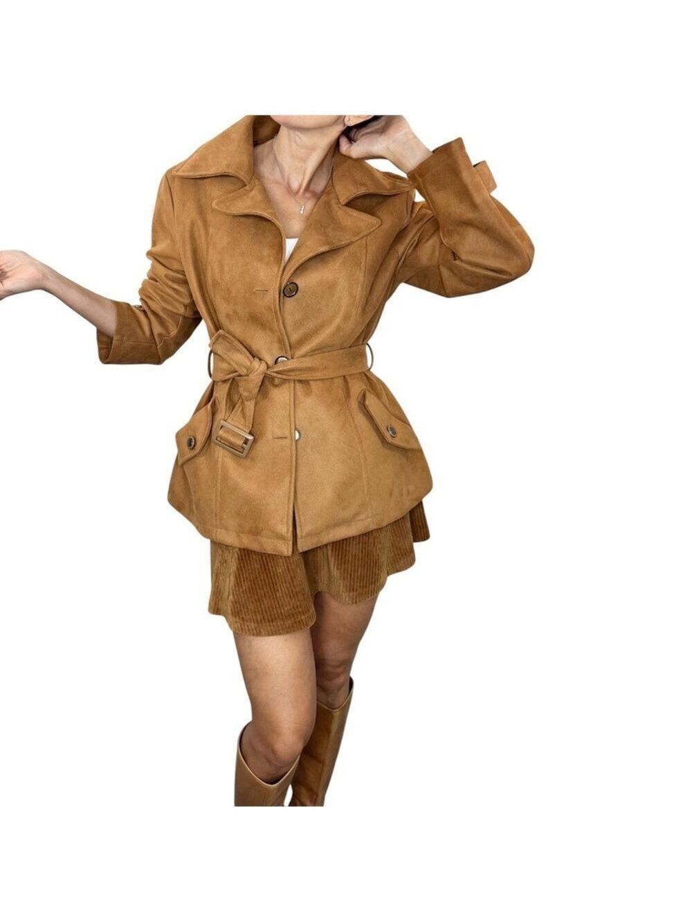 R Rosso Black & Gold chestnut brown suede belted short cropped trench coat L